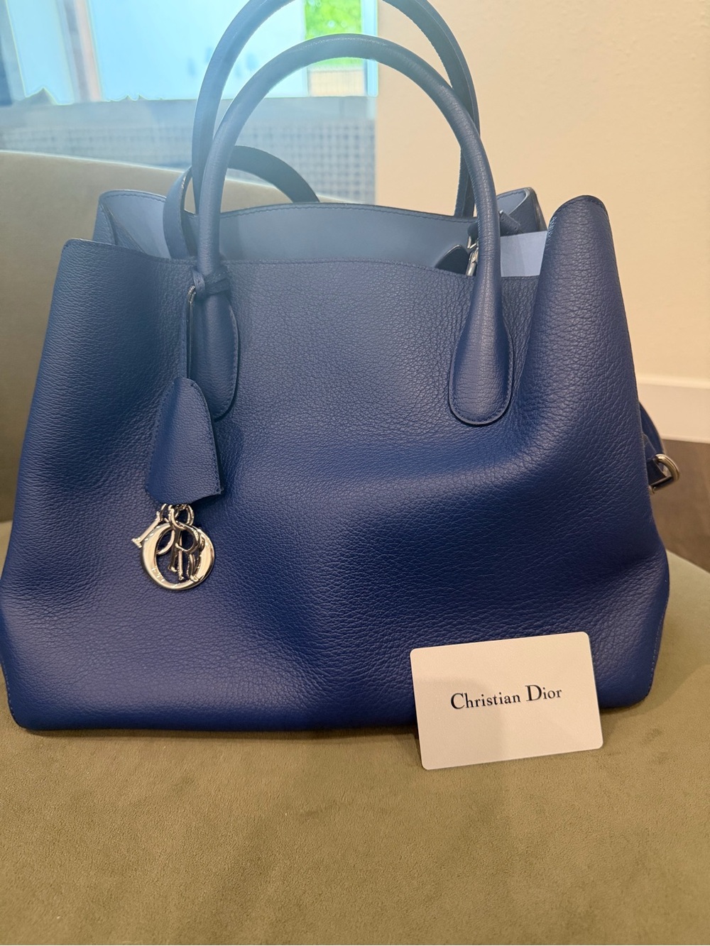 Dior Navy Blue Leather Tote Bag with Silver Charm